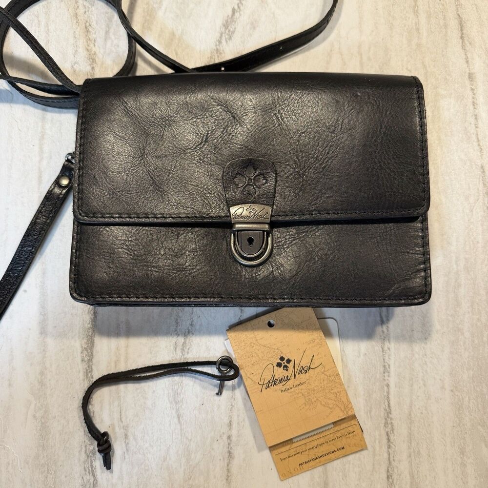 Patricia Nash Lanza Black Leather Crossbody  Wallet Purse Removable Strap Italy